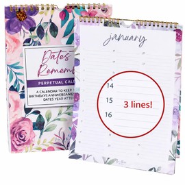 Paper 'n Such Perpetual Calendar Extra Large Wall Hanging Dates to Remember Book for Birthdays and Anniversaries -12 Months -Important and Special Days 8.5x11" - Floral - 3 Lines Per a Day