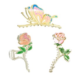 Yonchic 3-Piece Floral Metal Hair Clips, Butterfly Chinese Rose Hair Claw for Thin/Medium Thick Hair Claws, Elegant Barrettes Strong Hold Hair Clamps Non Slip Cute Hair Catch Clip Accessories