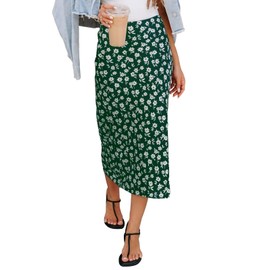 HERBATOMIA Women’s Long Green Floral Print Skirt Vintage Midi Boho Casual High Elastic Waist Zipper Skirts for Women