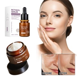 Tkekruh 30g Retinol Creme und 30ml Retinol Faltenserum, Retinol Anti Aging Wrinkle Removal Skin Firming Cream, Leichte Feuchtigkeitscreme für Eine Bessere Hautregeneration, Reduziert Dunkle Flecken