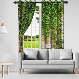 DORCEV Leaf Curtains Green Plants Ivy Window Curtains Ivy Attached to Stone Wall Spring Natural Scenery Blackout Curtains Grommet Drape for Living Room Bedroom Decor,26x84 inch,2 Panels