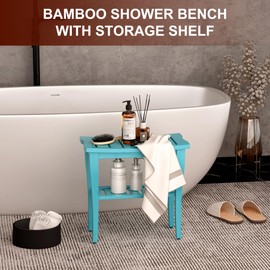 Bamboo Shower Bench Stool with Storage Shelf, Waterproof Shower Chair Spa Bath Seat, Shower Stool for Inside, Bathroom Bench Seat for Adults Elderly Seniors for Indoor or Outdoor Use(Sky Blue)