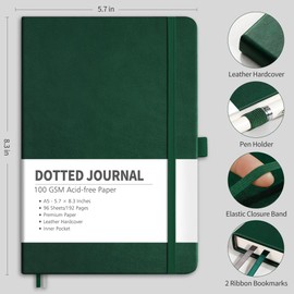 RETTACY Dotted Journal, A5 Dotted Notebook 192 Pages for Women Men Work Office School, 100 GSM Thick Paper, Leather Hardcover, Pen Holder, Bookmark, Inner Pocket and Banded, 14.8X21 cm - Dark Green