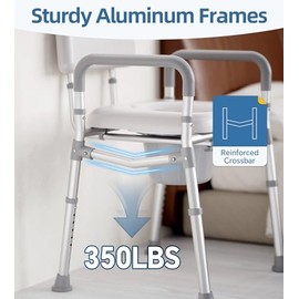 HOMLAND Bedside Commode with Padded Seat and Backrest, Aluminum Commode Toilet with Bucket, Easy Cleaning Portable Toilet for Adults and Seniors, 350 lb Capacity Enhanced Crossbar