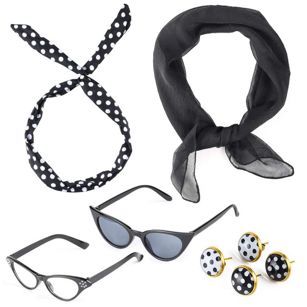 Beelittle 50's Costume Accessories Set 1950's Chiffon Scarf Cat Eye Glasses Bandana Tie Headband Drop Dot Earrings (Black)