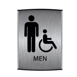 ALPHA DOG ADA SIGNS - Men's Bathroom Sign with Braille for Business, Curved Frame, ADA Compliant Restroom Sign, Indoor or Outdoor, Easy Installation, Made in the USA, Brushed