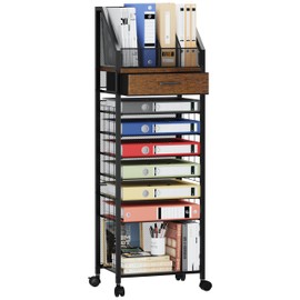 SWTYMIKI 9-Tier Rolling File Cart - Paper Organizer with Drawer and Trays, Wood Desk Office Organizer, Office Organization and Binder Storage for Workspace, Home, School, Espresso