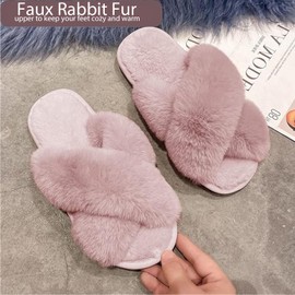 RJFUJP Women Slippers, Pink Slippers, Slippers Women, Fluffy Slippers, Cross Band Furry Open Toe Slippers Cozy Plush Home Shoes Indoor Outdoor Anti-Slide Slipper