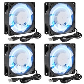 4Pcs 80mm/3.15inch for DC Fan 5V Computer Case Fan 80x80x25mm USB 8025 Blue LED Power Cooling Fan DC Brushless Cooler Fan 8cm for PC Case CPU Brushless Axial Radiator Fan