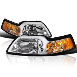 Spec-D Tuning Chrome Housing Clear Lens Headlights Compatible with 1999-2004 Ford Mustang L+R Pair Head Light Lamp Assembly