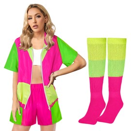 Mukum 4 PCS 80s 90s Color Block Windbreaker Outfits for Women Short Sleeve Zip Sport Outfit Elastic Waist Neon Tracksuit Set Women for 80's Party-S