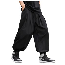 Verdusa Men's Drawstring Waist Harem Pants Casual Streetwear Baggy Joggers with Pockets Black Medium