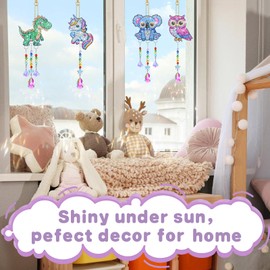Diamond Art Suncatchers Kit for Kids Gifts, 4 Pcs Double Sided Wind Chime, Crystal Rhinestone Dotz Painting, Animal Style Hanging Ornament for Home Window Beginners Craft DIY Supplies