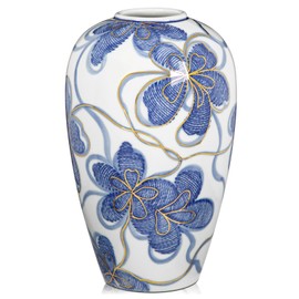 Blue and White Ceramic Vase for Home Decor – Hand-Painted Porcelain Flower Vase with Gold Accents – Chinoiserie-Inspired Home Decor Vases – 9" for Table, Shelf, or Mantel