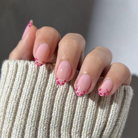 French Tip Heart Press on Nails Valentines Day Fake Nails Medium Almond Glue on Nails Full Cover False Nails Cute Valentine Acrylic Nails Reusable Stick on Nails Medium Length Press on Nails for Women