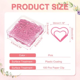 PATIKIL 100 Pcs Heart Shape Paper Clip, Metal Cute Small Paper Clamp Clips for Office Supplies Craft Scrapbook Document Note Sorting, Plastic Coating, Pink