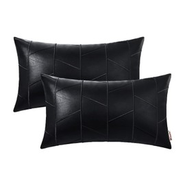 BRAWARM Faux Leather Pillow Covers 12 X 20 Inches, Black Leather Lumbar Pillow Covers Pack of 2, Geometric Embroidery Leather Decorative Throw Pillows for Living Room Couch Bed Sofa Home