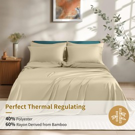 Shilucheng 6 Piece King Sheet Sets, Cooling Sheets, Blend Rayon Derived from Bamboo, Deep Pocket Up to 16", Breathable & Soft Bed Sheets, Hotel Silky Bedding Set, Beige