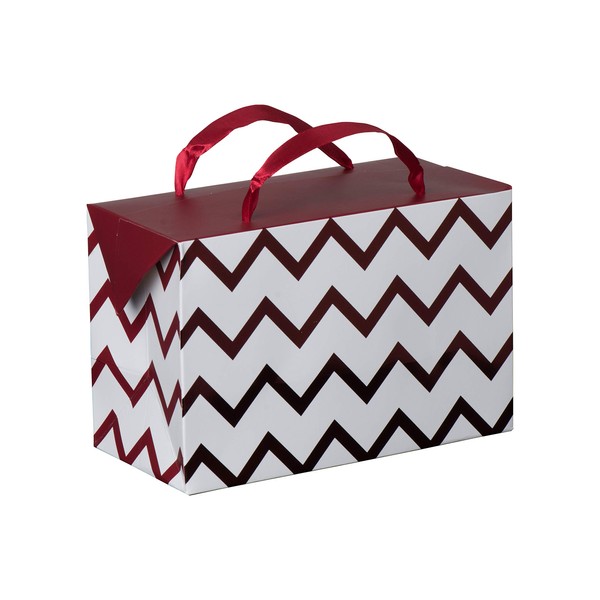 Maroon Chevron Paper Gift Bag Box–Foldable Party Favors Foil Stamped Treat Bags with Ribbon Handles for Baby Shower, Holiday and Birthday Parties 7"X 3.5"x 4.75” (6 Pack)