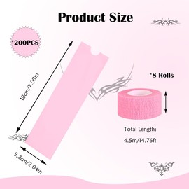 200 PCS Tattoo Pen Covers Disposable Tattoo Machine Pen Bags Pink Tattoo Pen Sleeves with 8 Rolls Tattoo Grip Wrap Tattoo Supplies for Tattoo Artist Tattoo Lovers