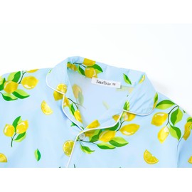 Beezizac Little & Big Girls Satin Silky Lemon Blue Button Pajama Short Sleeves Set Trendy Outfit Size 16