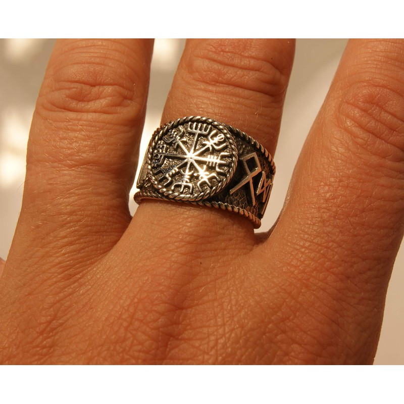 Kiss of Leather Viking Compass Vegvisir Ring 925 Sterling Silver