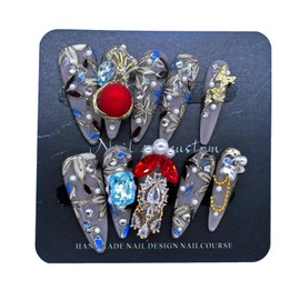 Press on Nails Handmade Nails 10Pcs Manual Press on Nails Hand-Painted Golden Nails with Hand Carved Flowers Manicure Charms Nails Nails Press on Nails for Women Party Holiday Photo Wedding 30mm Long