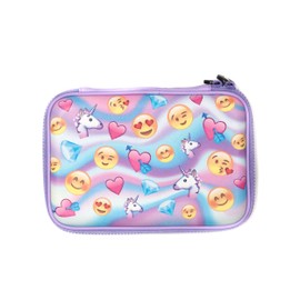 Fringoo - Kids Pencil Case - Pastel Emoji World Holo Design - Purple Pencil Case- Stationery Holder - Large - Embossed Hardtop - Double Zipper