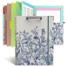 Clipboard Folio with Storage 8.5 X 11 Padfolio Notebook, Clipboards with Notepad Spiral with 10 Pockets and 5 Folders Nursing Teacher School Essentials (Blue Florals)
