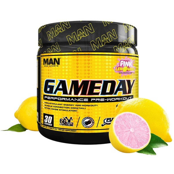 Man Sports Game Day. Pink Lemonade Flavored Pre Workout Energy Drink Mix with Natural Caffeine. (30 Servings)