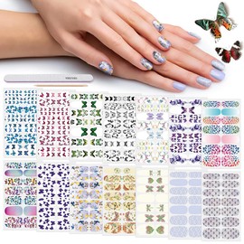 Nail Polish Strips, DANNEASY 14 Sheets Holographic Butterfly Nail Stickers Tips Adhesive Nail Wraps Manicure Kit 1Pc Nail File + Wood Cuticle Stick