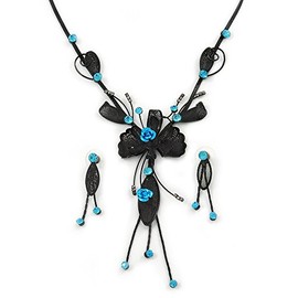 Avalaya Exquisite Y-Shape Teal Blue Rose Necklace & Drop Earring Set/Black Tone Metal/ 42cm L/ 6cm Ext/ 9cm Front Drop