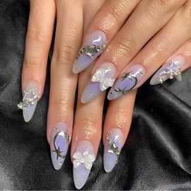 24PCS Y2K Celestial Fantasy Nails, Moonlight Galaxy Almond False Nails with Glitter Purple Ombre Design, Removable Accessory Tools-on Acrylic Full Cover Fake Art Accessories (Purple Galaxy)