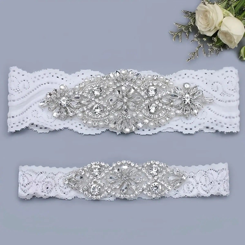 Conjunto Liguero De Encaje Elástico De Novia Con Cristal Per