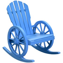 Outsunny Wooden Rocking Chair, Adirondack Rocker Chair w/Slatted Design and Oversized Back, Outdoor Rocking Chair with Wagon Wheel Armrest for Porch, Poolside, and Garden, Sky Blue
