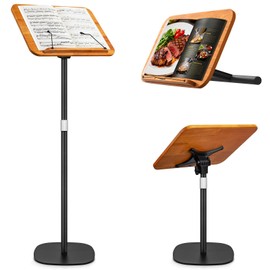 2 in 1 Dual-use Music Stand & Desktop Book Stand, Adjustable Height 16.5"-51", 100% Solid Wood Laptop Floor Stand Book Holder with Elastic Page Clips for Cookbooks (Brown)