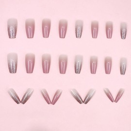 Press on Nails Medium Ballet Shaped False Nails Artificial Acrylic Nails Pink Glitter Sequins Design French Fake Nails Full Cover Glossy Reusable Coffin Nails Glue on Nails for Women Supplies 24Pcs