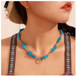 Inilbran Boho Turquoise Bead Choker Necklace Vintage Cowrie Shell Pendant Necklace Blue Turquoise Necklace Choker Single Shell Choker Necklace Jewelry for Women and Girls