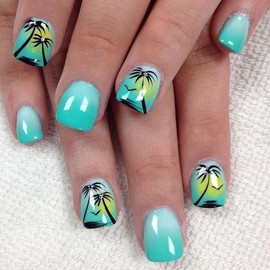 Mkwntg 24Pcs Summer Press on Nails Short Square Fake Nails Blue Gradient French Tip False Nails Black Coconut Tree Full Cover Acrylic Stick on Nails Yellow Glossy Glue on Nails for Women Manicure