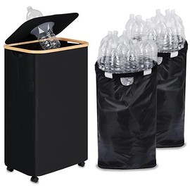 Recycling Bin for Kitchen 26 Gallon, 100L Recycle Bin with 2 Removeable and Reusable Inner Bag, Large Recycling bin with lid for Bottle Can Plastice Stickers - Color: black