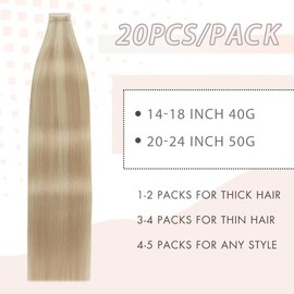 YDDM Tape In Extensions Echthaar 20pcs 50cm 50g Aschblond mit Bleichblond Invisible Tape Extensions Echthaar Extensions Tape Extensions Echthaar Skin Weft Haarverlängerung(20Zoll,P18K/60#)