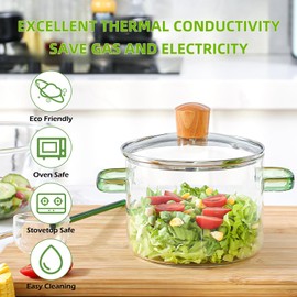 1.5L/51oz/6cups Glass Cooking Pot Glass Simmer Pot Quick Food Heating Saves Energy Heat Resistant 0 to 400 ℉ Oven Gas Electric Stove Safe for Pasta Soups Potpourri (Green Handle Glass Potpourri Pot)
