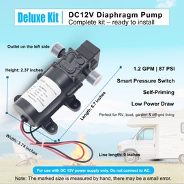 DC 12V Diaphragm Pump, Self-Priming Water Pump with Deluxe Hose Quick Connect Kit, 1.2 GMP, 87 PSI, Suitable for Garden Irrigation, RV, Camper, Shower, and Marine Boat