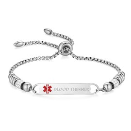 mnmoom Medical Alert Bracelets for Women Stainless steel Heart Medical ID bracelets with Free Engraving (Slider Box chain-Steel/BLOOD THINNER)