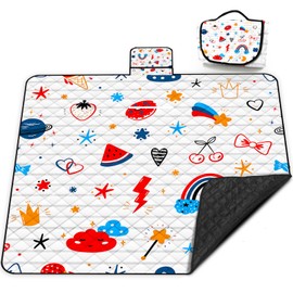 Poedist Extra Large Picnic Blanket Waterproof,80"x 80"Foldable Machine Washable Beach Blanket,Outdoor Blanket for 6-8 Adults,Suitable for Indoor Crawling,Park Beach,Camping,Hiking,Family Travel(Cute)