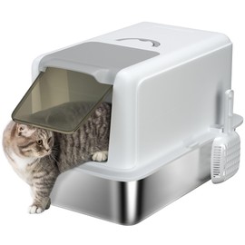 PawHut Stainless Steel Cat Litter Box, Extra Large 2 in 1 Metal Kitty Litter Pan with Removable Lid, High Enclosure & Scoop, Filter Bags, Easy to Clean, for Small to Large Kittens, White