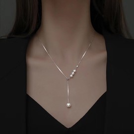 Cimenexe Bohemian Pearl Y Lariat Choker Necklace Gold Round Pearl Pendant Necklace Retro Pearl Y Drop Necklace Minimalist Pearl Chain Necklace Jewellery for Women and Girls Gifts, Zinc, No Gemstone