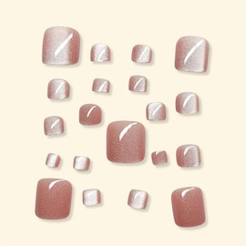 Pink Glitter Press on Toenails Short Square Fake Toe Nails Press ons with Design Full Cover Glossy Summer False Toenails Reusable Shiny Acrylic Stick on Toenails for Women Girls Manicure 24Pcs