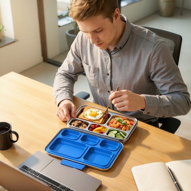 Pawtong Stainless Steel Lunch Box, 5-Compartment Bento Lunch Box for