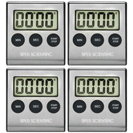 Sper Scientific Stainless Steel Digital Lab + Kitchen Timer 810028A – Compact Design Timer with Large Display & Loud Alarm - for Cooking, Baking, Labs, Workouts & More - 4 pc